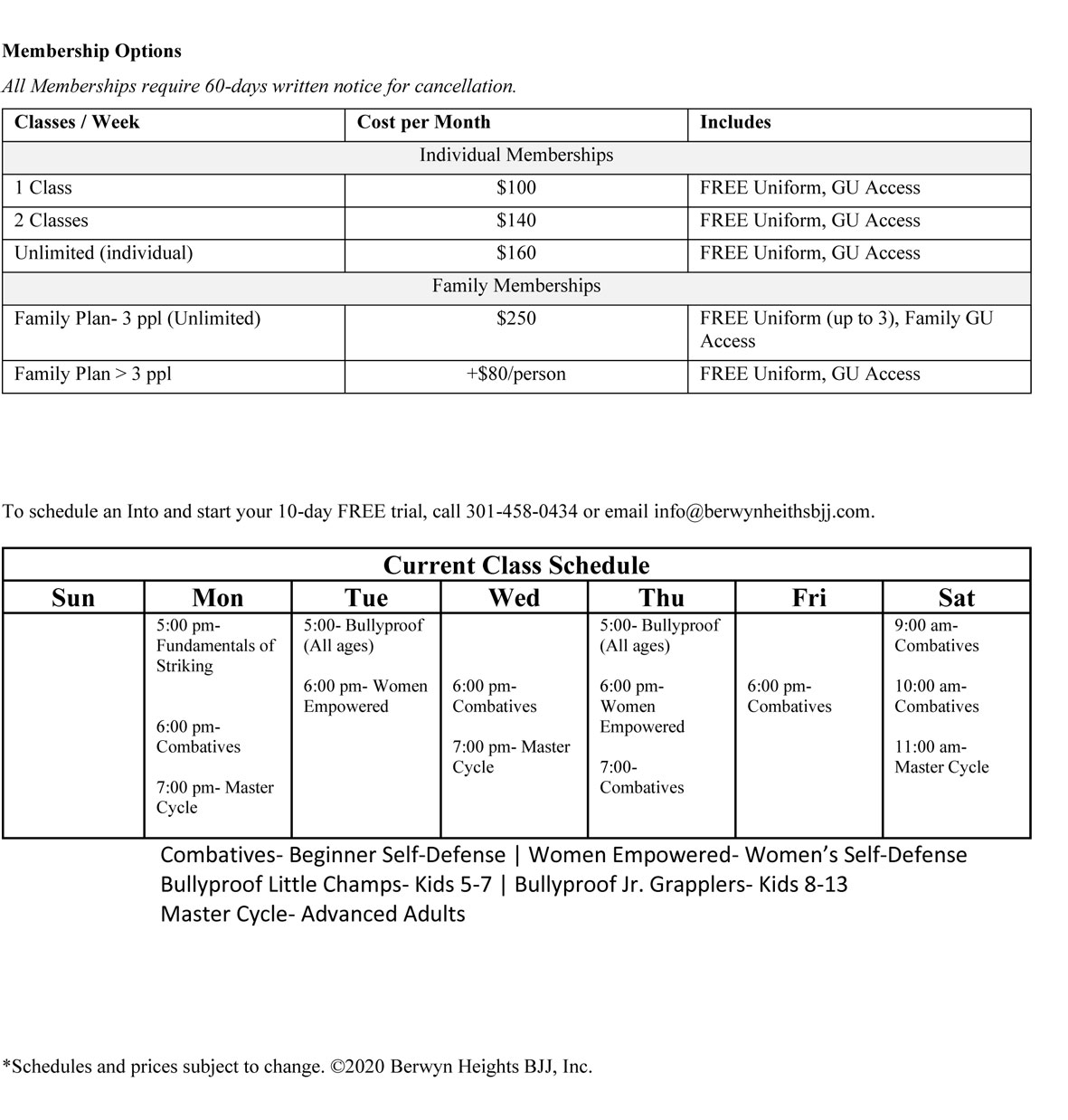 BHBJJ Class Schedule