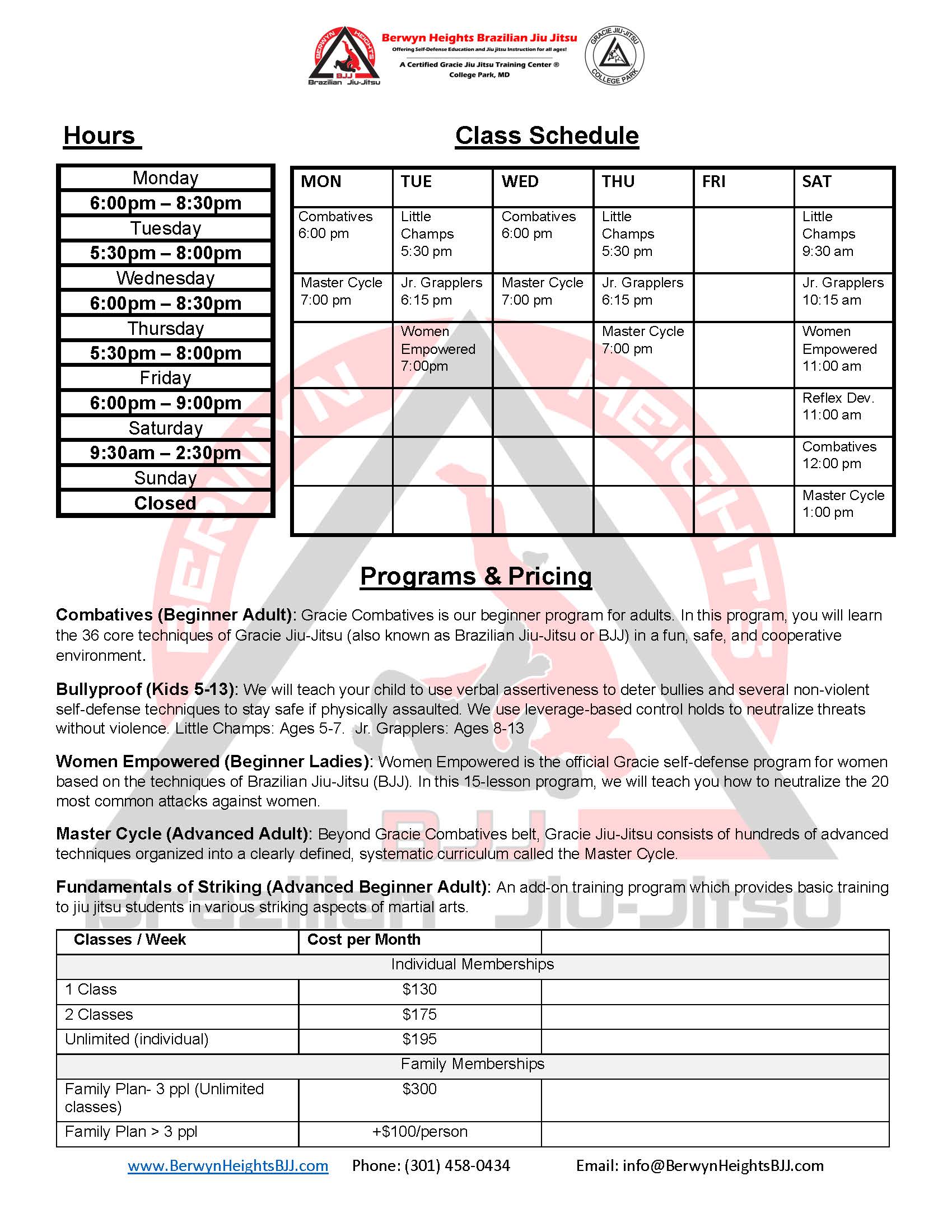 BHBJJ Class Schedule and Pricing
