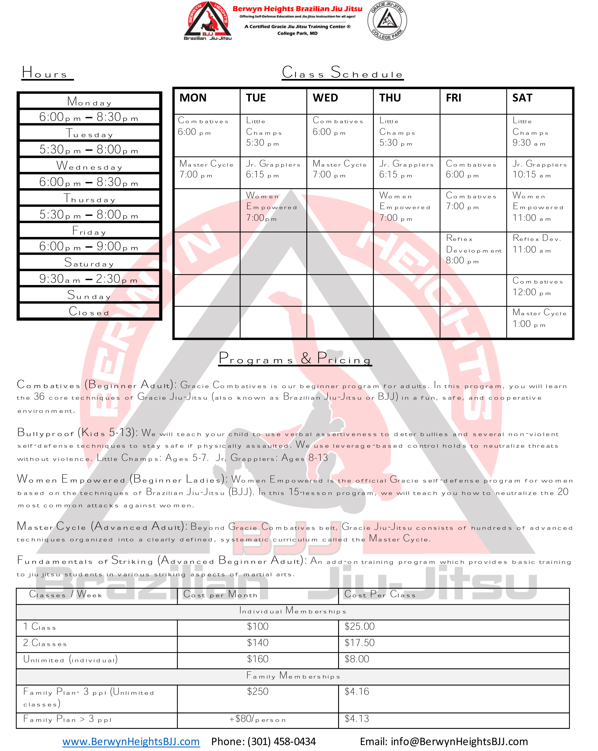 BHBJJ Class Schedule and Pricing